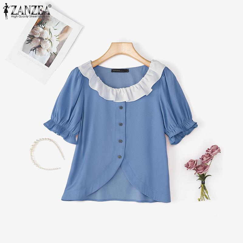 

ZANZEA Elegant Women Patchwork O-Neck Puff Sleeve Ruffled Splits Casual Loose Blouse S