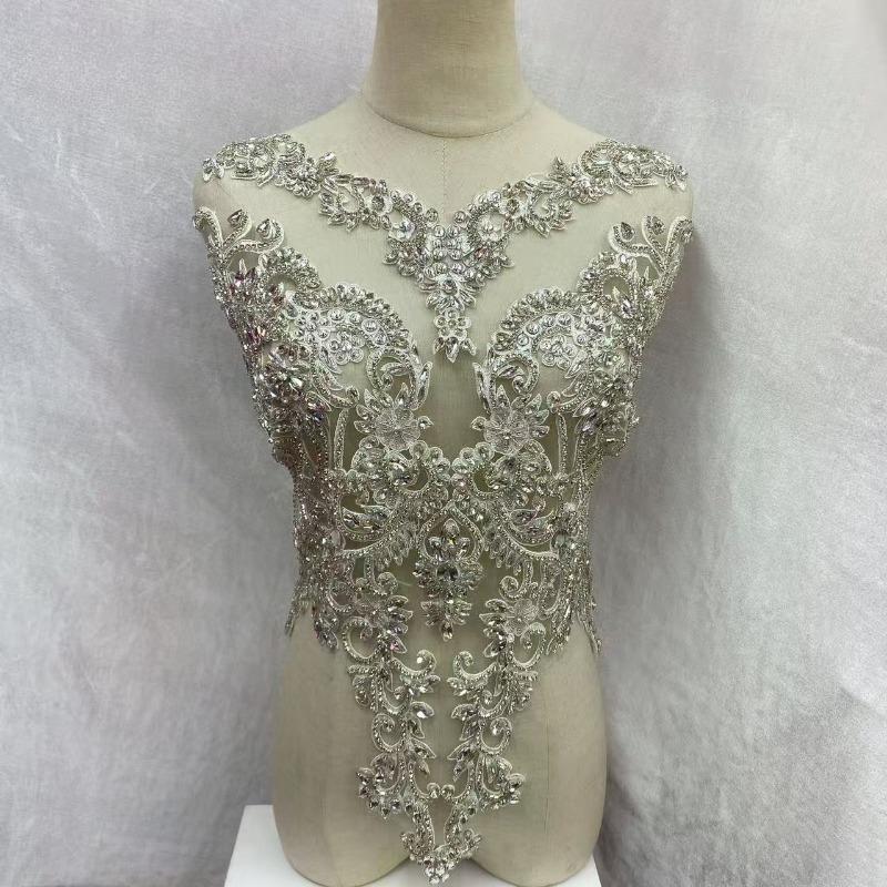22 Colors Hand-Sewn Glass Rhinestone Beaded Embroidered Mesh Applique Patches for Dress Decoration Clothing Accessories