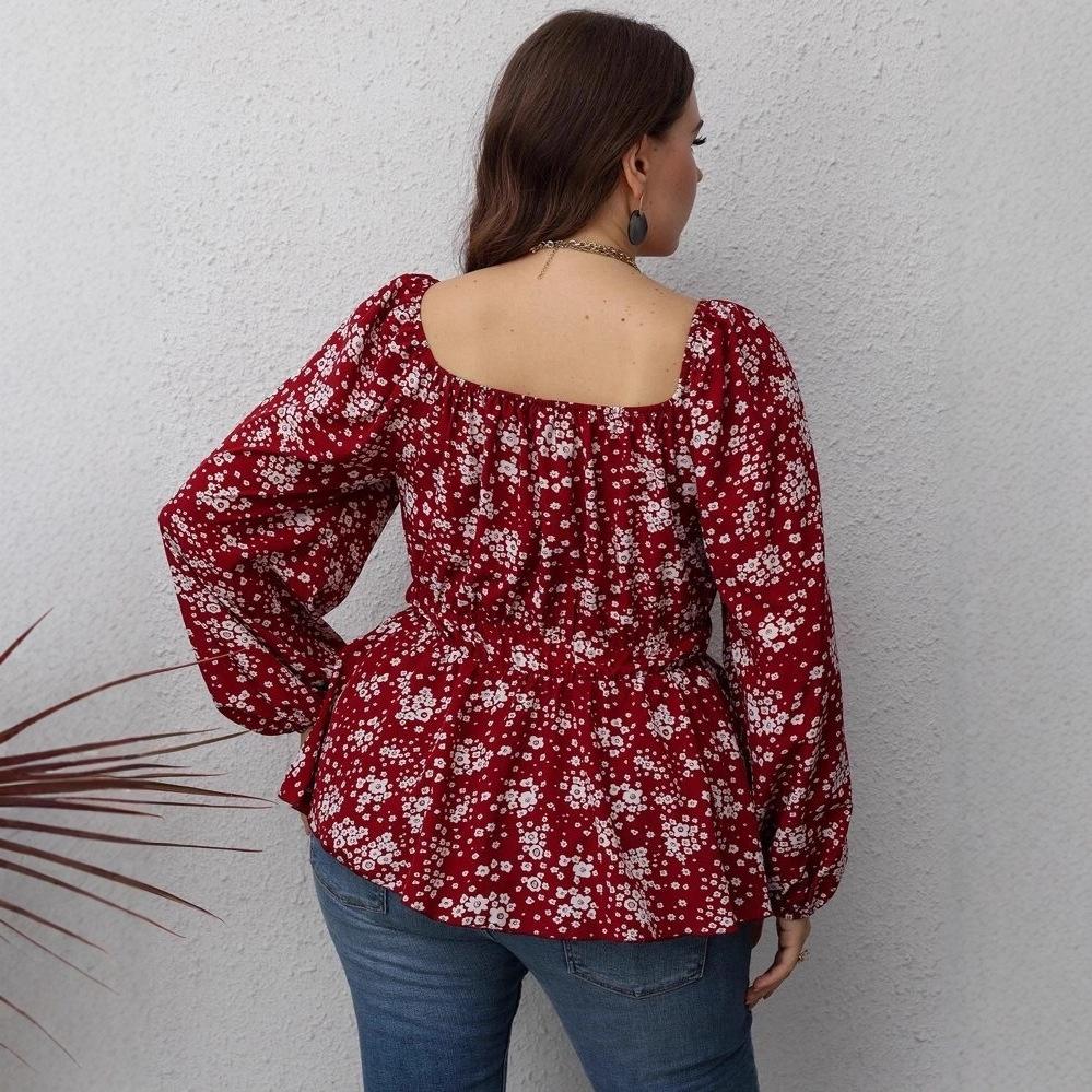 Women's Long Sleeve Square Neck Waist Printed Floral Shirt