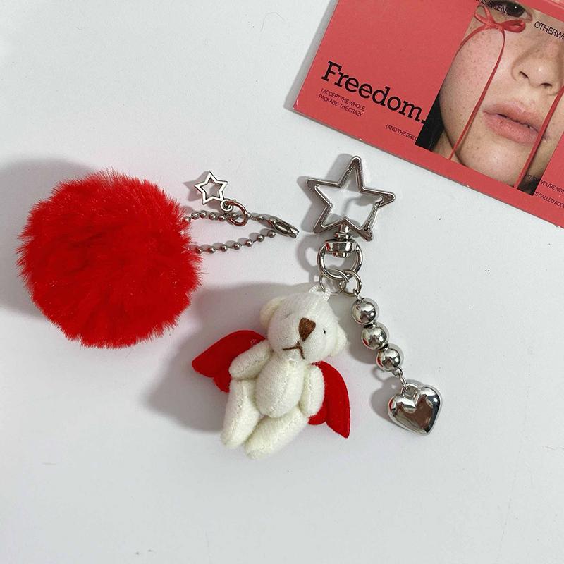PU Leather Cat Paw Keychain Sweet Pompom Keyring Halloween Faux Mink Fur Little Bat Little Devil Backpack Pendant Plush Keychain