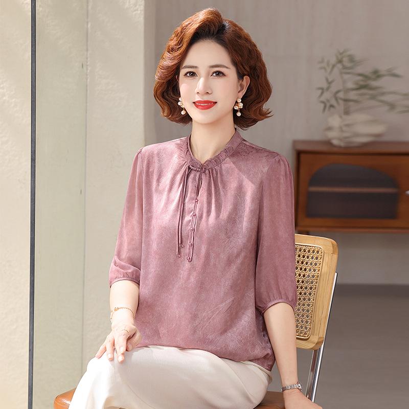 Mom s Stylish Summer 2026 Short-Sleeved Chinese-Style T-Shirt for Middle-Aged & Elderly Women 2XL (110-120 lbs) розовый