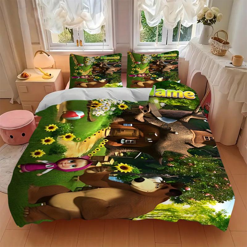 Custom Name Bear Sunflowers Forest Print 3Pcs Bedding Set Duvet Cover With 2 Bedro Pillowcase Home Birthday Gift