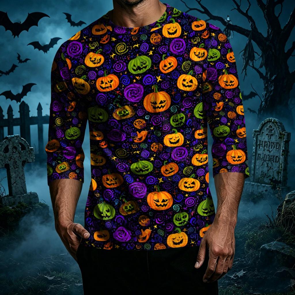 Men's Casual Halloween Print Crew Neck T Shirt Three Quarter Sleeve Top Comfortable Fit Seasonal Style