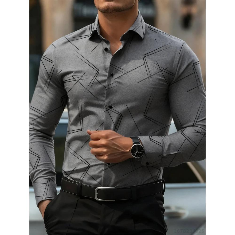 Herren Trendiges Geometrisches Linienmuster Langarmhemd Business Casual Modedesign Slim Fit Bügelfrei Vielseitiges Hemd im Ins-Stil