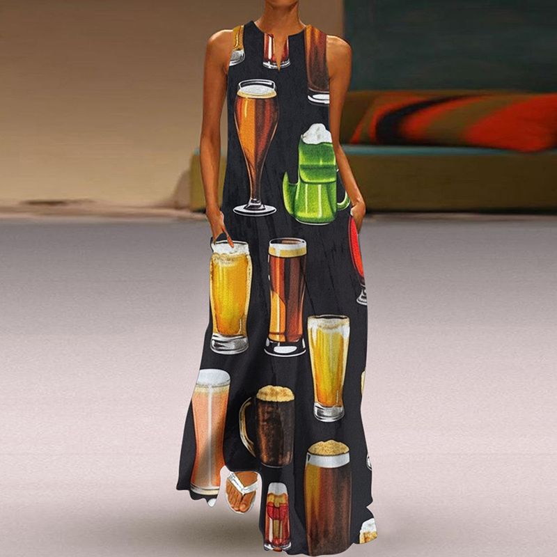Fashion Plus Size Fancy Dress 3D Print Fashion V Neck Pocket Long Dress Large Swing Sexy Sleeveless Beach Dress