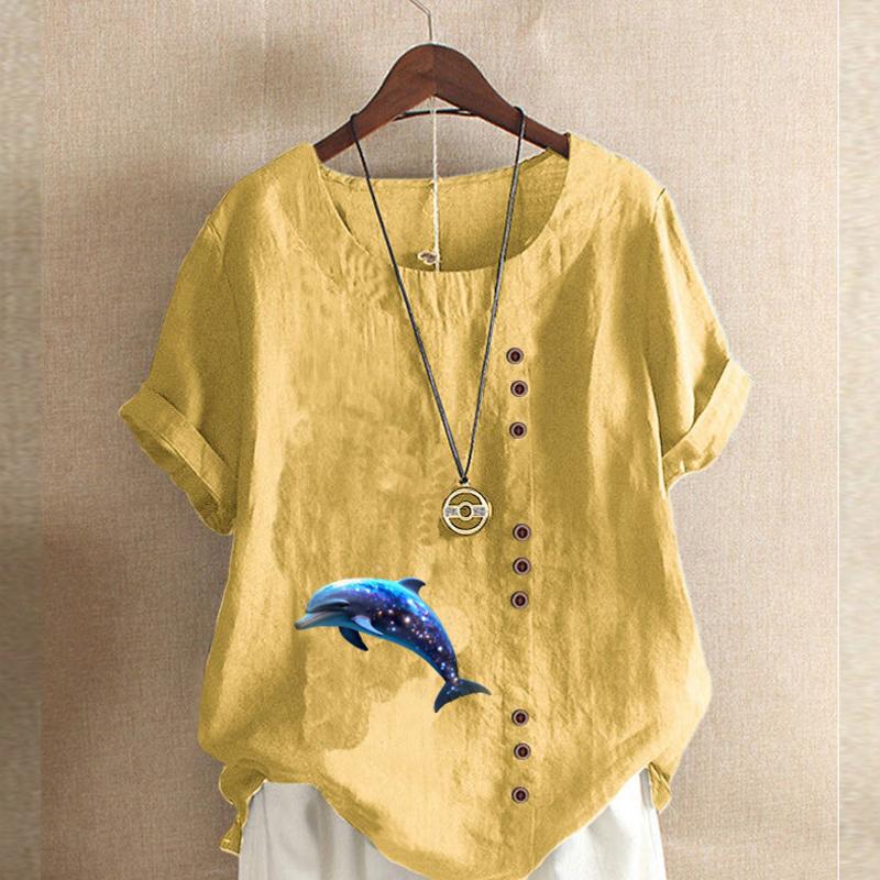 Women's Fashion Round Neck Short Sleeve T-shirt Casual Cotton Linen Graphic Shirt Dolphin Prined Summer Blouse Tops Plus Size