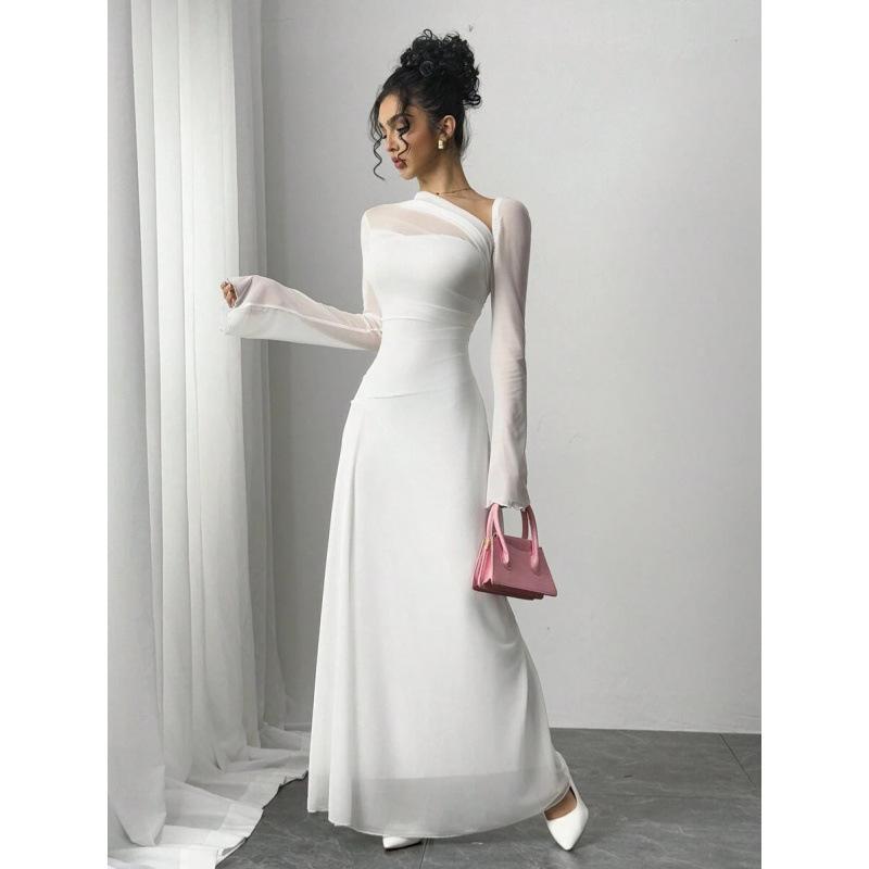 Europe, America 2026 summer new asymmetrical neckline long sleeve elegant fashion temperament dress women