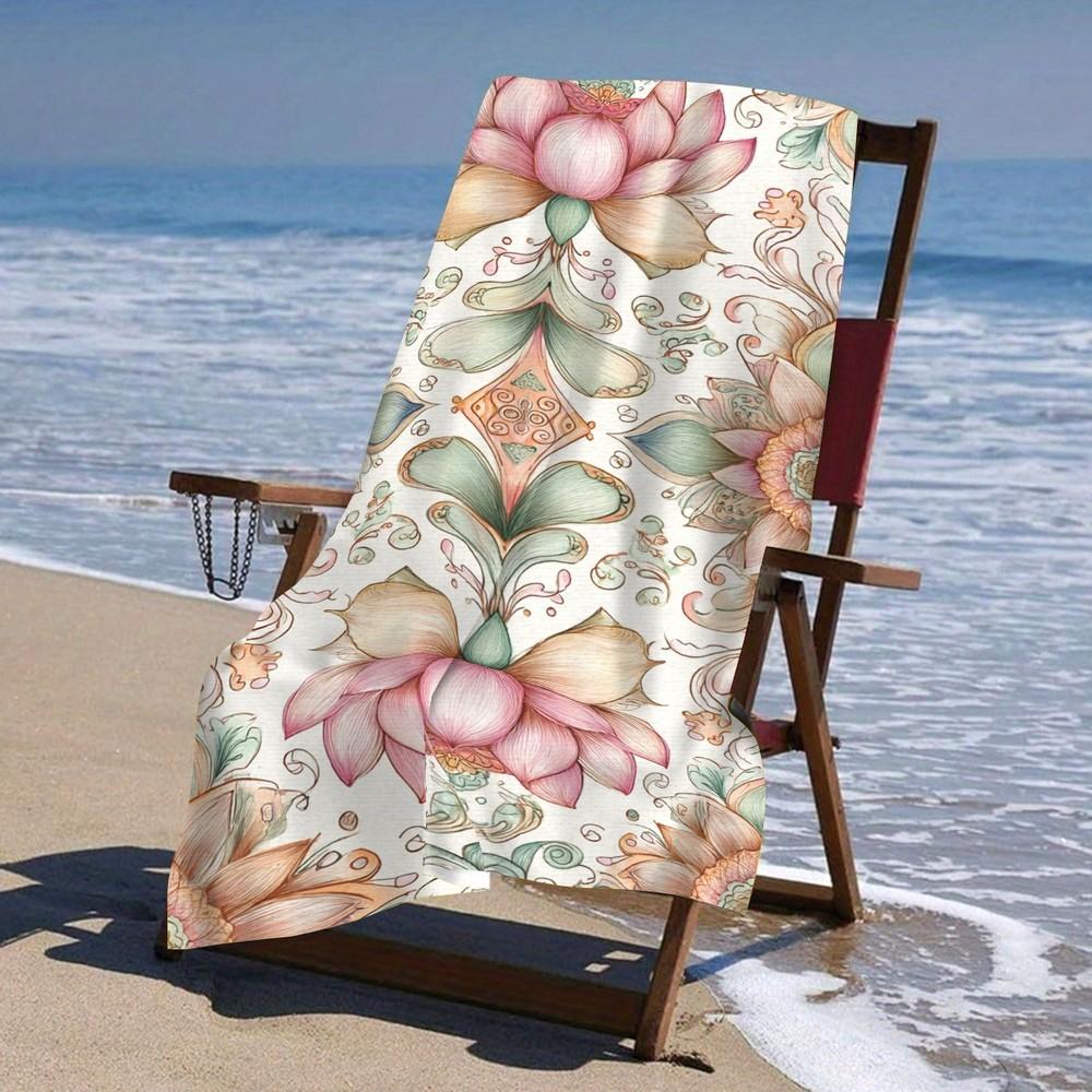 Bohemian Lotus Floral Beach Towel Patterned Sunscreen And Windproof Suitable For Swimming Pool Camping Travel Blanket