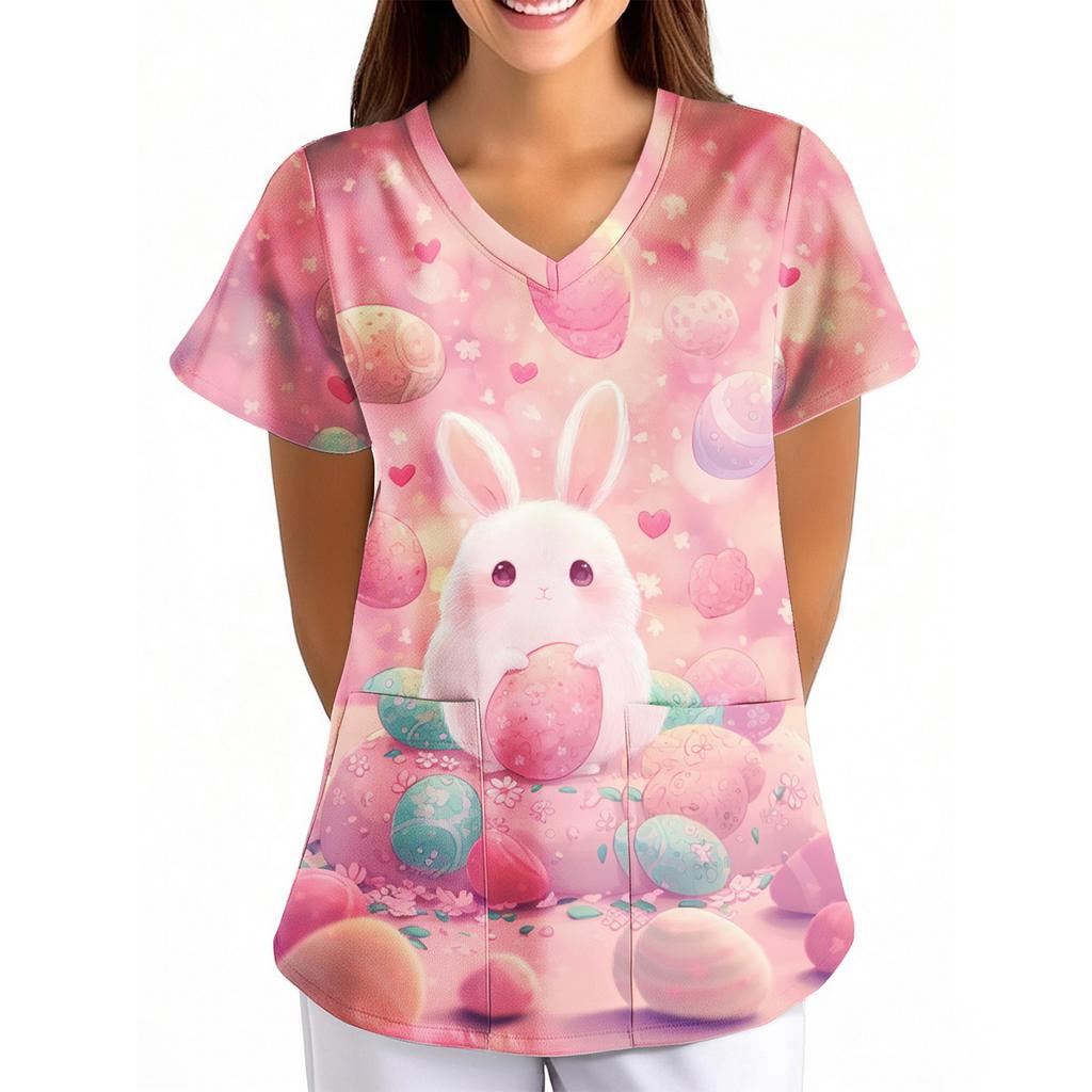 Dámské velikonoční potisk volný V-výstřih kapsa krátký rukáv Ošetřovatel/ Uniforma