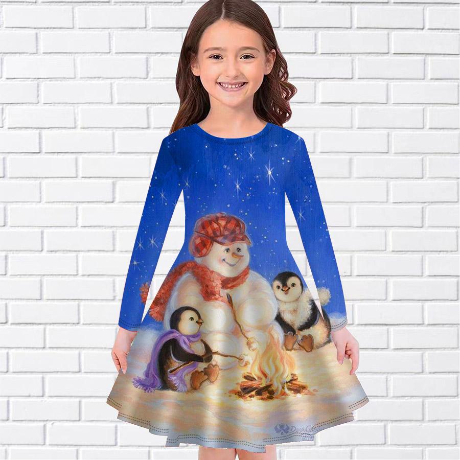 Flicka Ledig Snögubbe Present Tryck Rund Hals Långärmad Klänning Barn Prinsessklänning