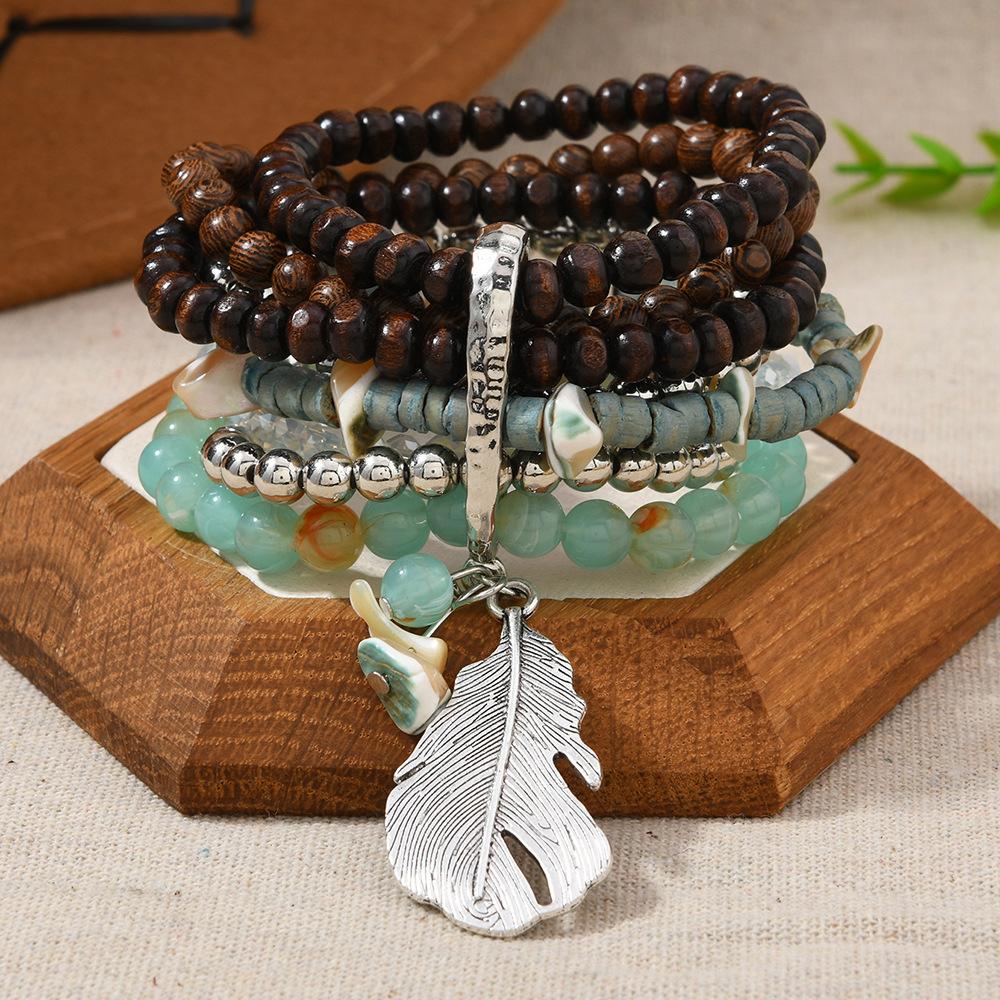Bohemian Layered Beaded Bracelet, Wood & Turquoise Stackable Boho Bracelet with Resin Pendant, Women s Festival Jewelry