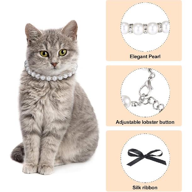 4 Pieces Dog Pearl Collars Pet Pearl Necklace Set Cat Pearl Neck Strap Crystal Rhinestones Pearls Charms for Small Dogs Cats Wedding Birthday Party