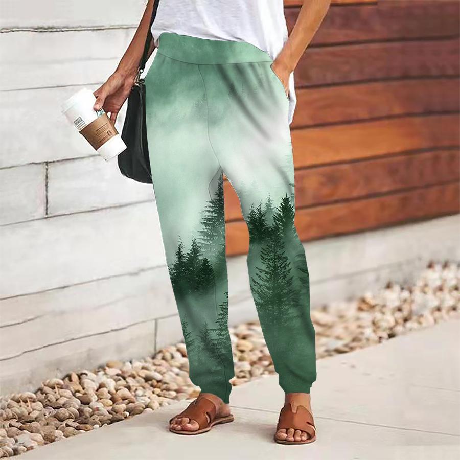 Women Forest Printing Pants Lace Up Elastic Waist Loose  Trousers Casual Long Pants Trousers with Pockets