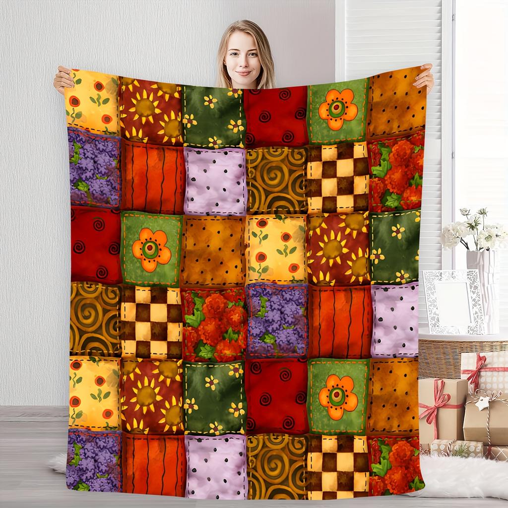 Vintage Floral Print Patchwork Fleece Blanket - Cozy, Soft, All-Season Decorative Blanket for Sofa, Office, Bedroom - Machine Wa