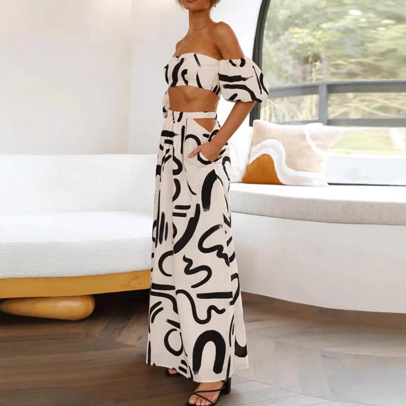 Top de vară cu mâneci umflate pentru femei. Costum cu fustă lungă scobit