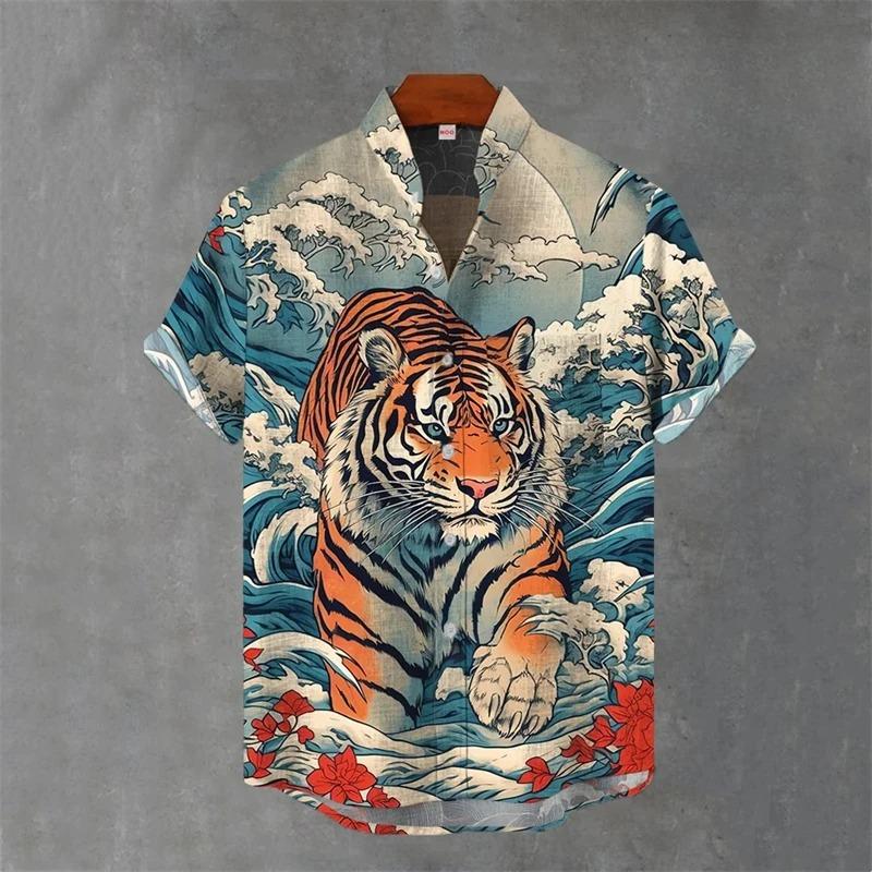 Japanese Animal Graphic Men's Shirt Summer Casual Short Sleeve Tops Hawaiian Tiger Shirts Men Oversized Lapel Button T-Shirt Man