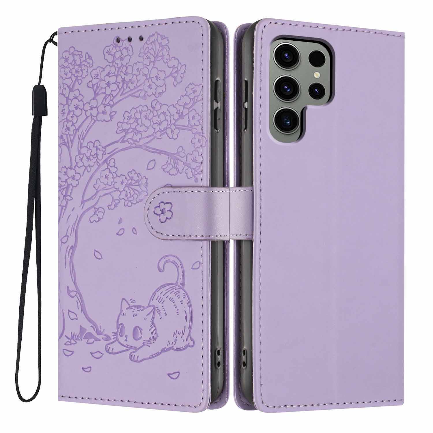 

For Samsung Galaxy S25 Ultra Stand Case Tree-and-Cat Pattern PU Leather Wallet Protective Phone Cover with Wrist Strap