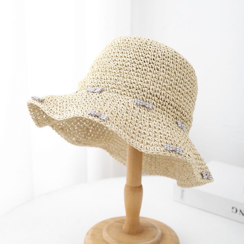

Sun Hat Female Women s Summer Hat Small Bow Wide Brim Sunshade Foldable Sunscreen Beach Accessories Bucket Hat Travel Seaside 56-58cm бежевий