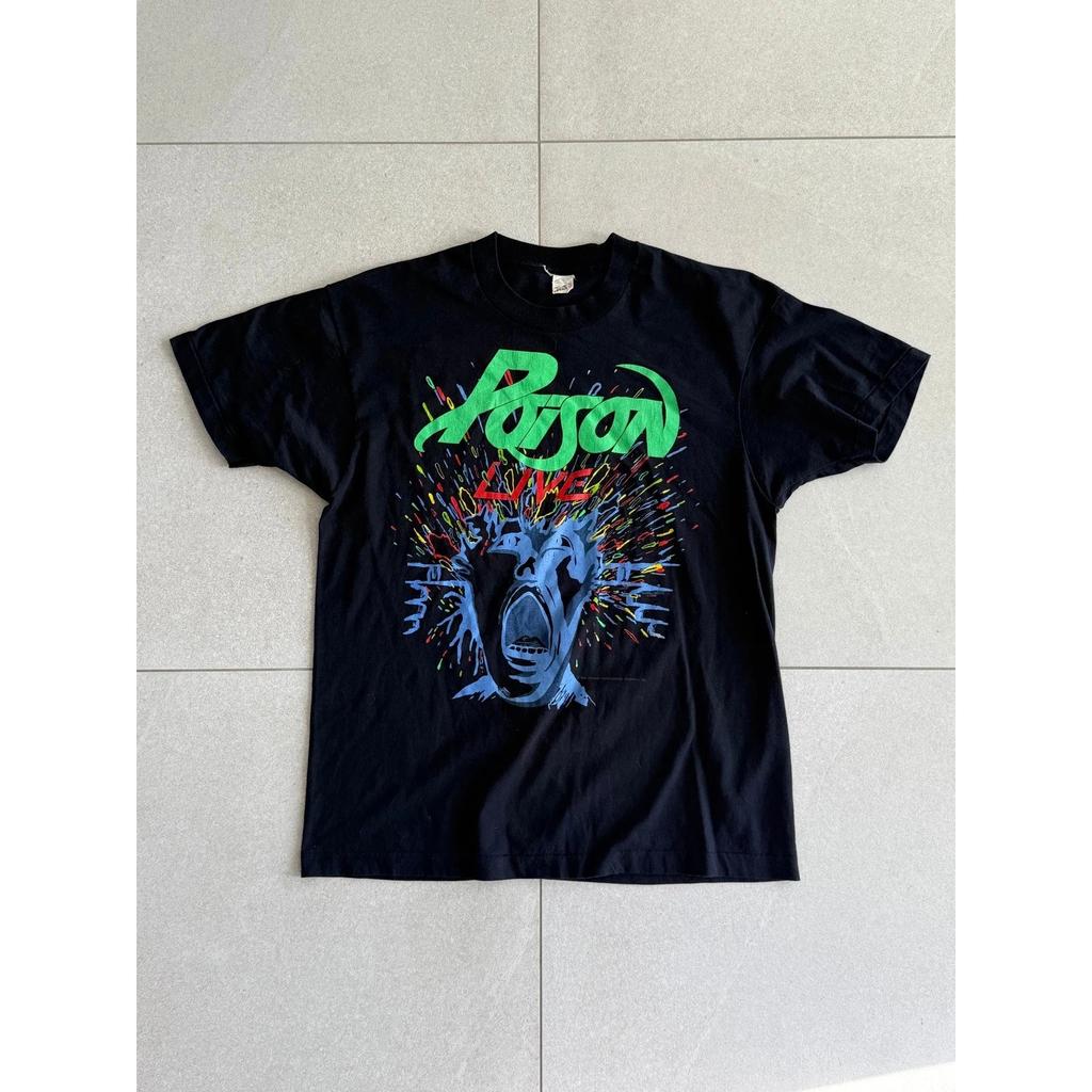 Vintage 1988 Poison Live Concert T-Shirt Mens Black Screen Stars Rock Band Tee