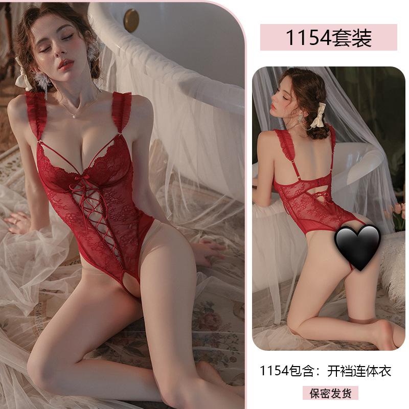 Original Erotic Underwear, Pure Desire One-piece Dress, Women's Lace Seductive Pajamas, Open Crotch Thinparency, No-take Uniform 1154