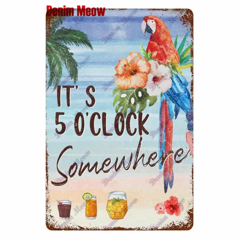 Metal Tin Sign Wall Decor, Vintage Parrot Cocktail Bar Plates, Kitchen Painting Decor, It's 5 O'clock, WY23