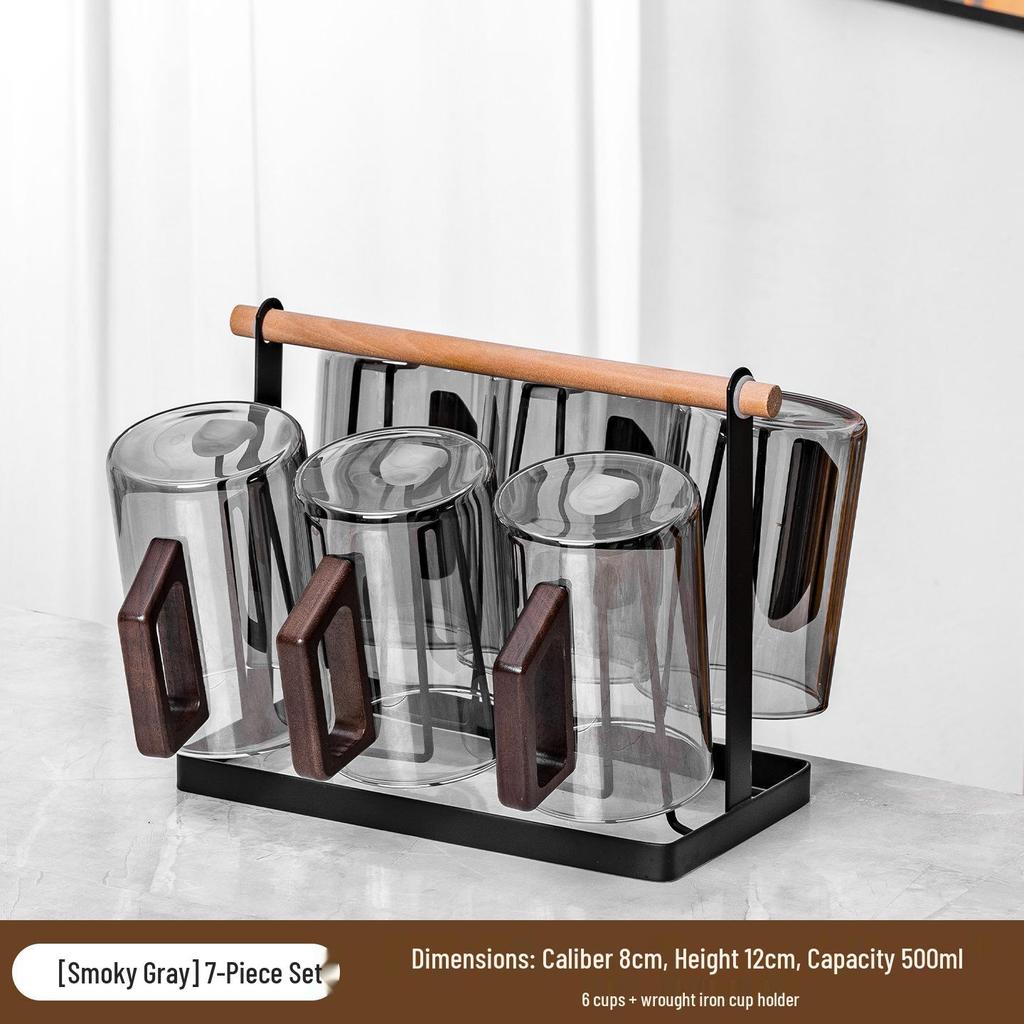 High-Temperature Resistant Tea Cup Set: Thickened Borosilicate Glass with Wooden Pistol Grip Handle