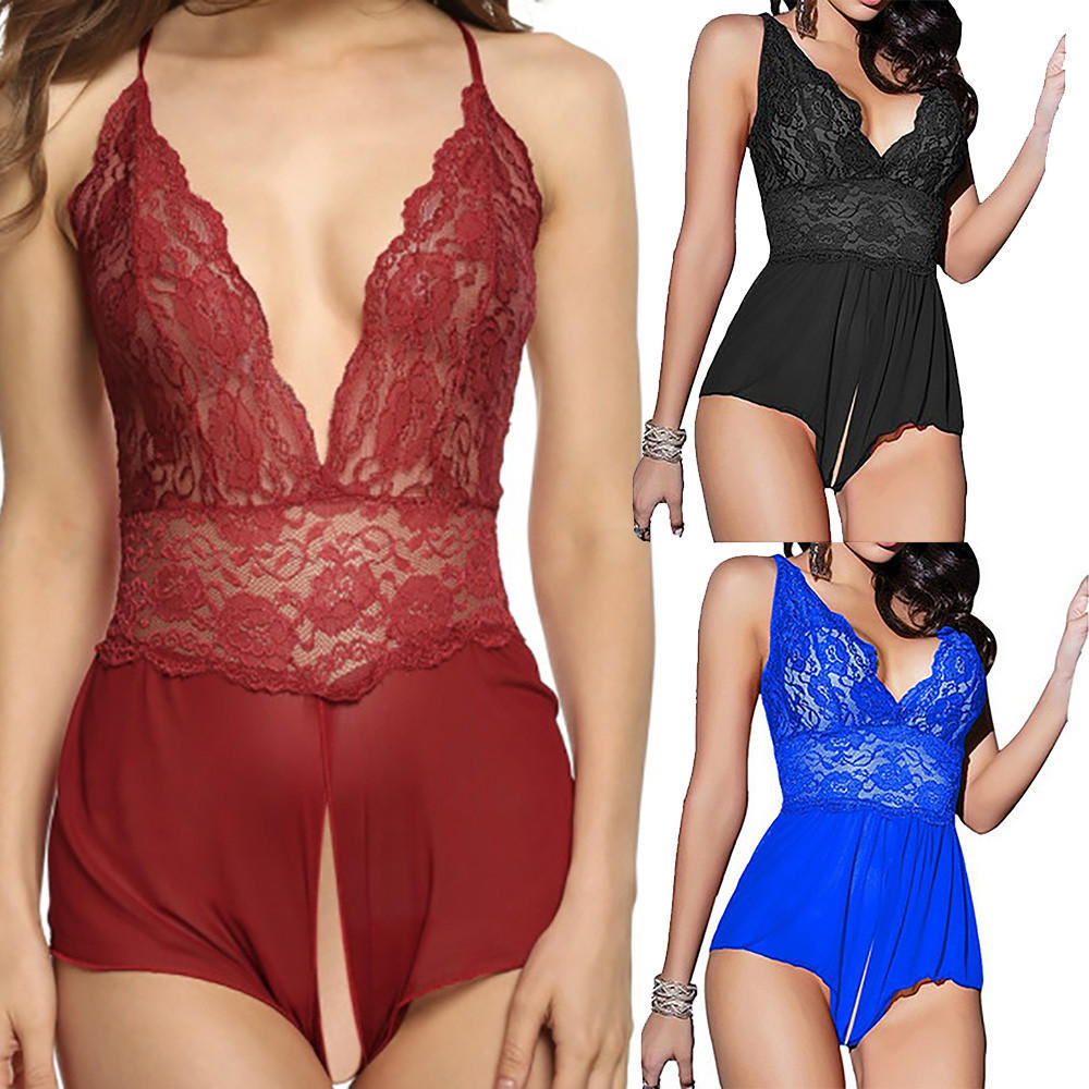Women Lace Sexy Passion Lingerie Deep V  Babydoll G-string Dress