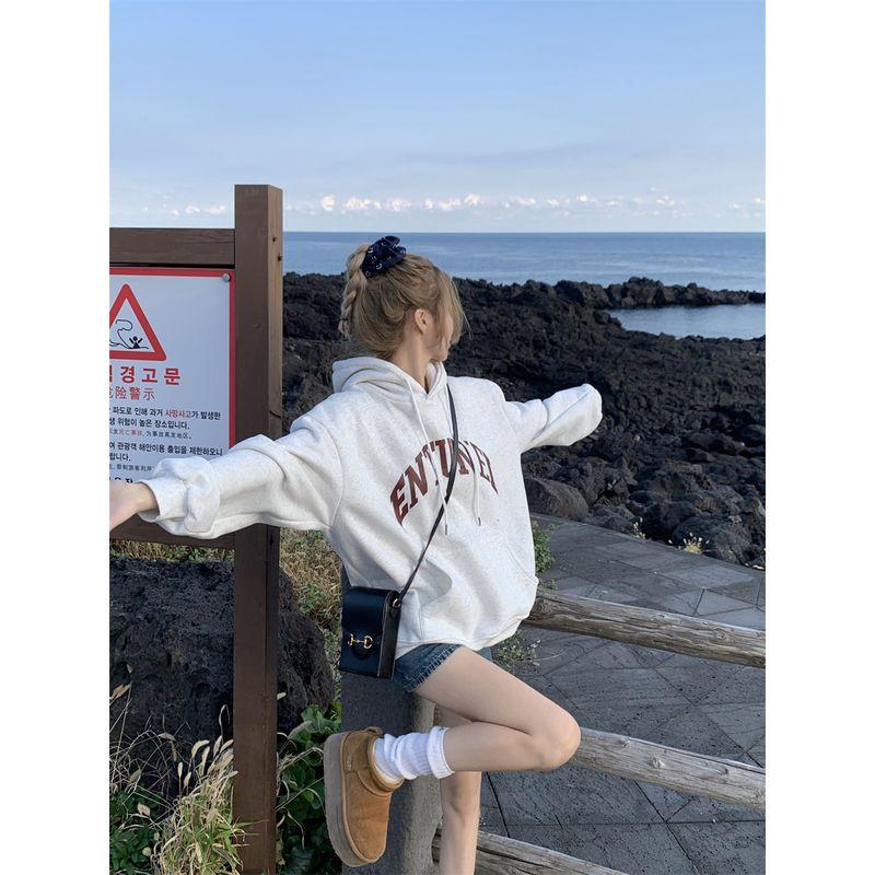 

Kumikumi American Letters Print Fleece-lined Hoodie Women clothes Autumn Retro Casual Loose Thickened Top White Ash conventional One size