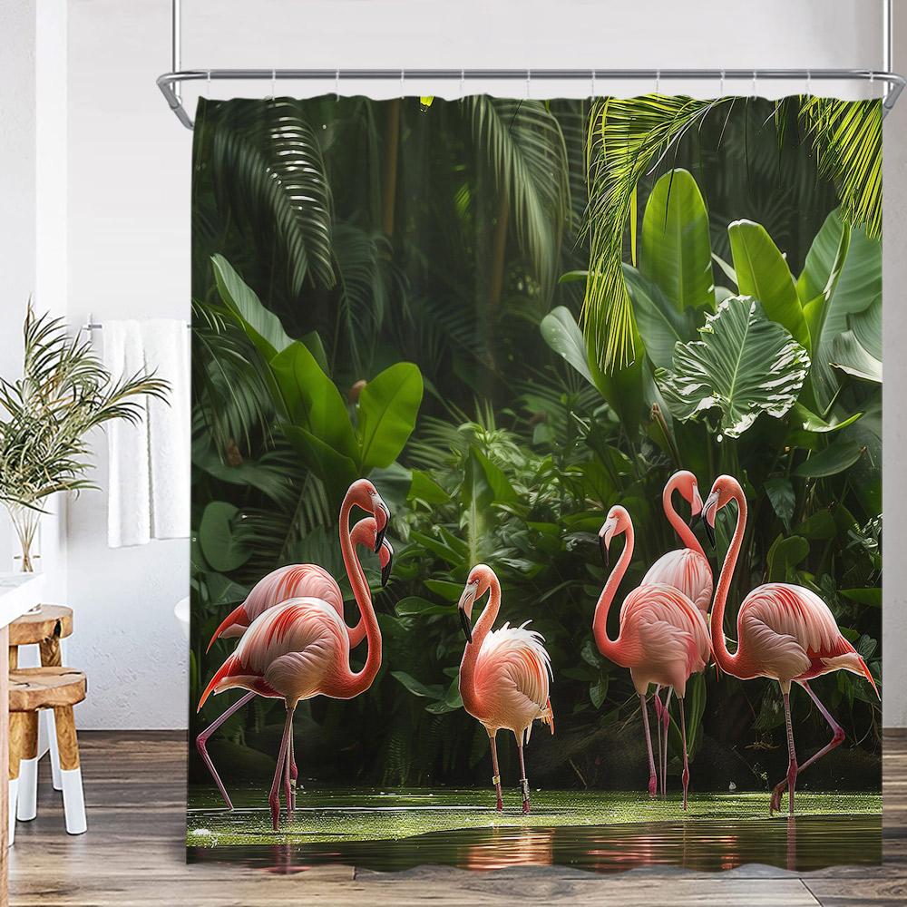 Flamingo Shower Curtain Set Pink Bird Tropical Leaf Rainforest Jungle Bathroom Decor Spring Summer Bath Mat Toilet Lid Cover