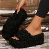 One-word cotton slippers women's thick-soled high-heeled autumn and winter new large-size fluffy slippers women's outer slippers