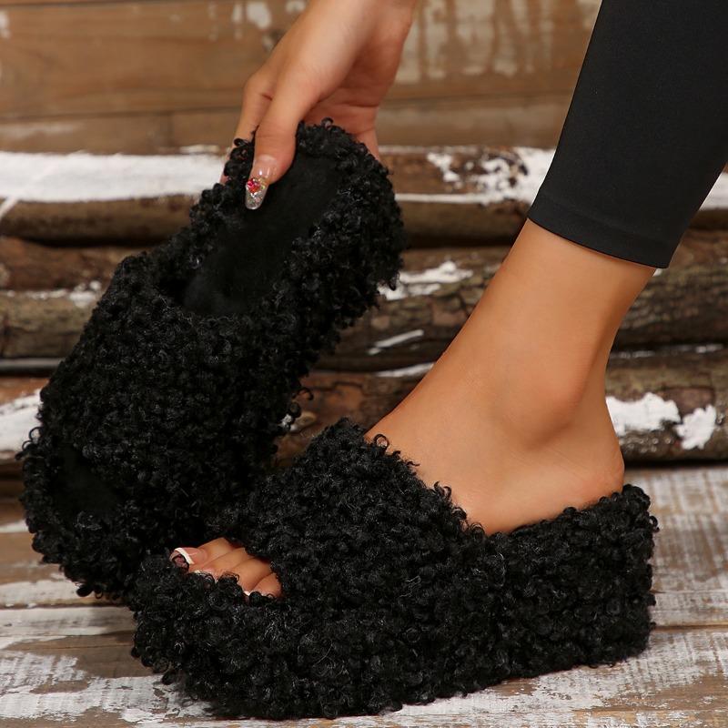 One-word Cotton Slippers Women's Thick-soled High-heeled Autumn and Winter New Large-size Fluffy Slippers Women's Outer Slippers