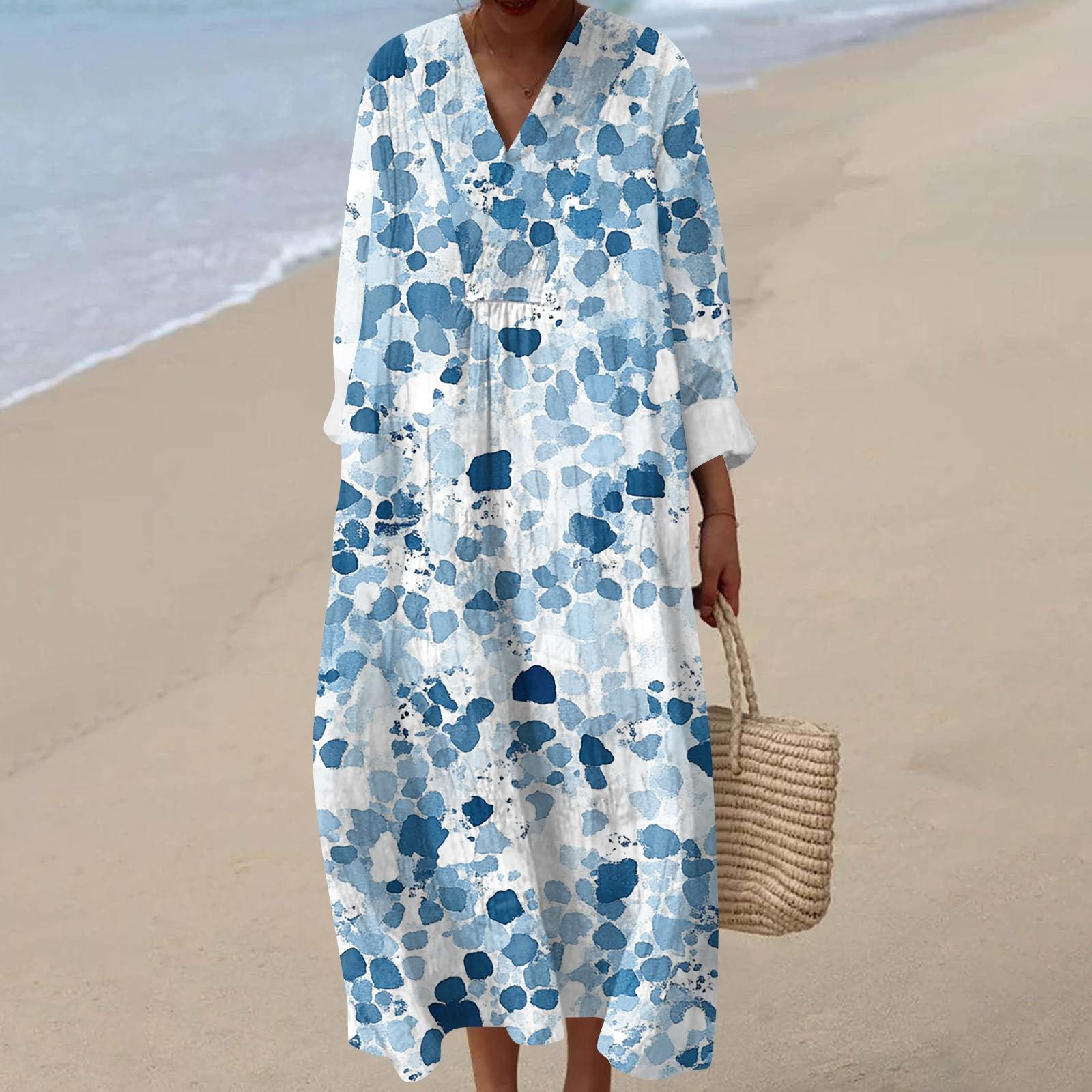 

Женское повседневное модное платье макси с V-образным вырезом и длинными рукавами с цветочным принтом S синий