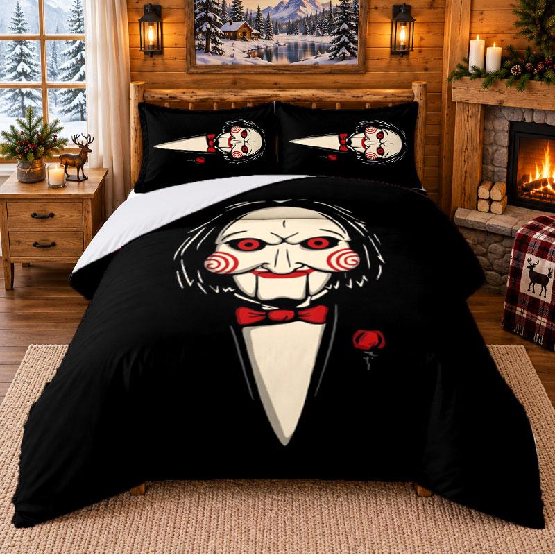 Saw Billy the Puppet Pattern Bedding 3Pcs Set Bed Sheet And Pillowcases For Indoor Bedroom