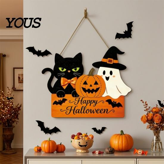 Solid Wood Festive Hanging Sign Halloween Door with Hemp Rope Lanyard, Pumpkin Ghost Printed Decoration for Friends Plaque, Wooden Front Wall