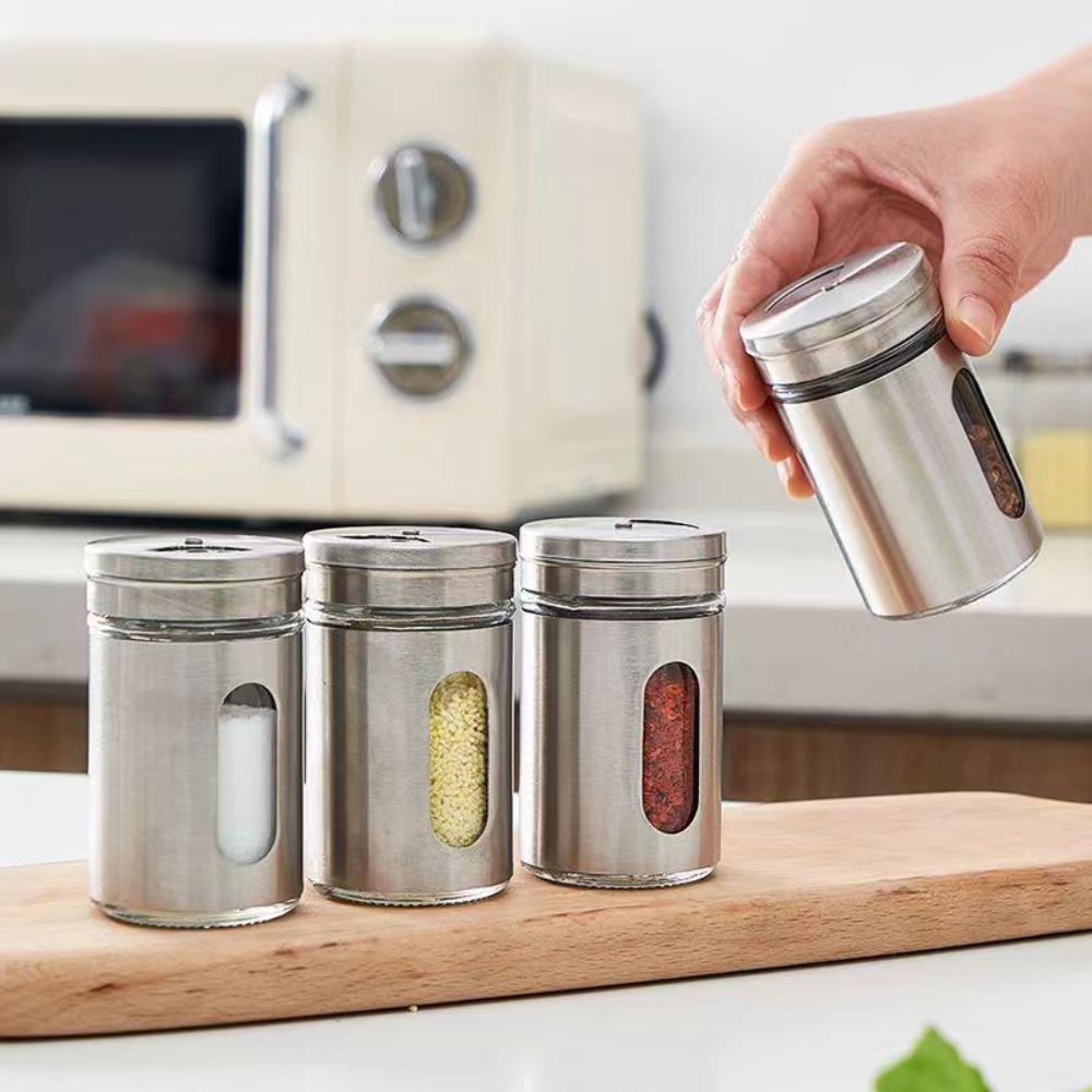 Portable Stainless Steel Seasoning Jars Glass Visiable Spreading Bottle Rotating Multifunction Spice Shaker Kitchen Organizer