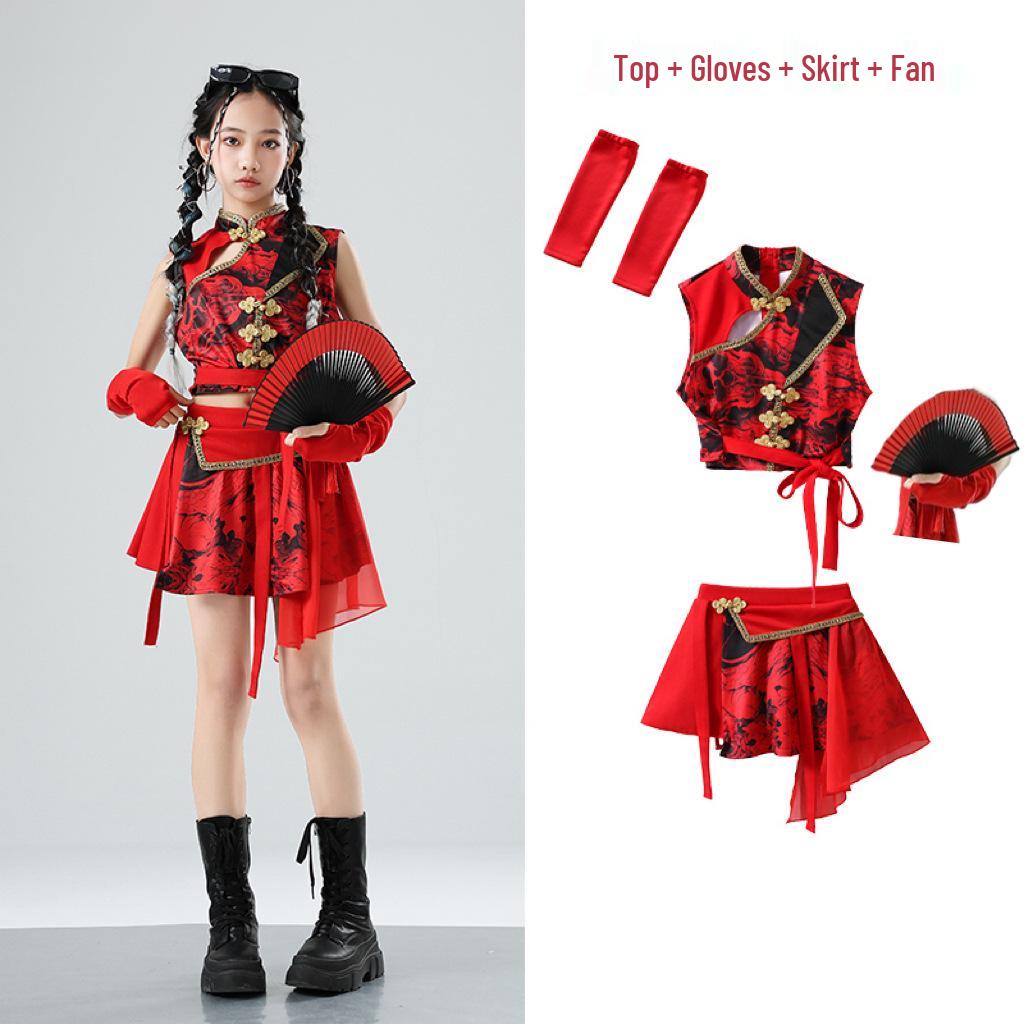 Chinese Red Dragon Jazz Dance Skirt Set - Girls' Fashion Show & Street Dance Costume