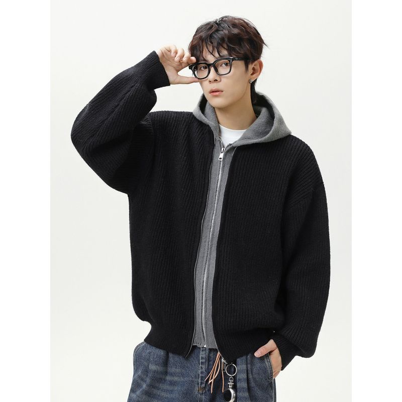 Wassup Fake Two-Piece Cardigan Hooded Sweater Chinese Trendy Brand Autumn and Winter Loose Retro Knit Sweater Zipper Jacket for Men