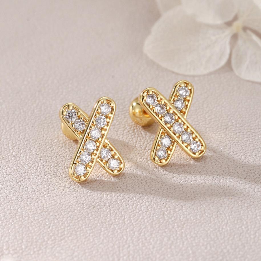 Elegant Real Gold Plated Cross Zirconia Earrings, Screw-in Style, Micro-inlaid Letter X Studs