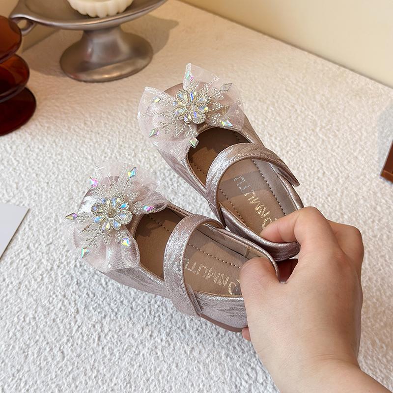 Spring and Autumn New Children's Crystal Shoes Soft Sole Single Leather Shoes Girls Princess Rhinestone Bowknot Shoes