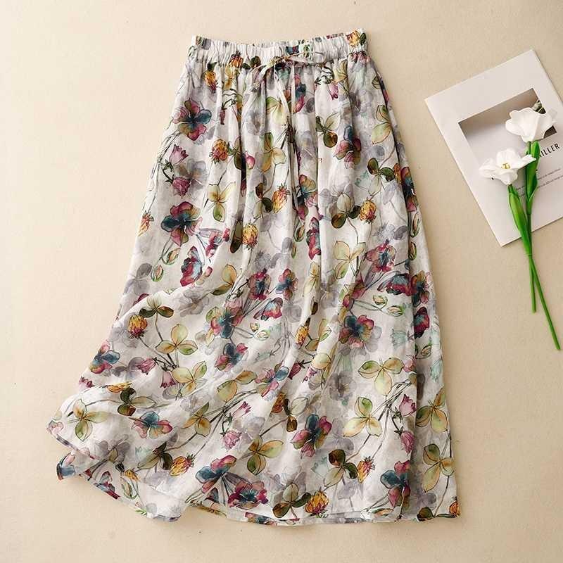Spring and Summer New Cotton and Linen Printed Dress Women's Thin Literary and Retro Waist Thin Floral Skirt