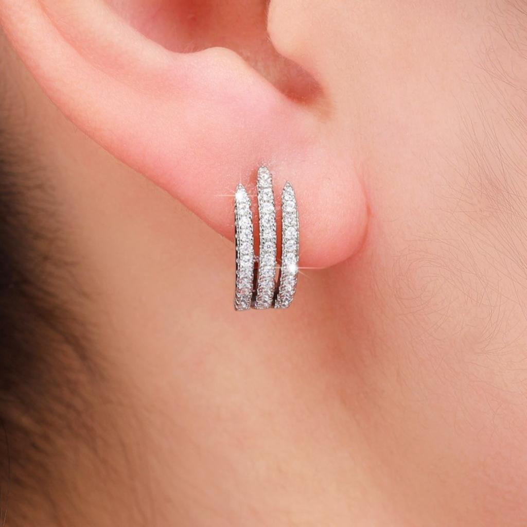 Three Vertical Paved Bar Curved Click Hoop Earrings Women Trendy Bling Ear Jewelry