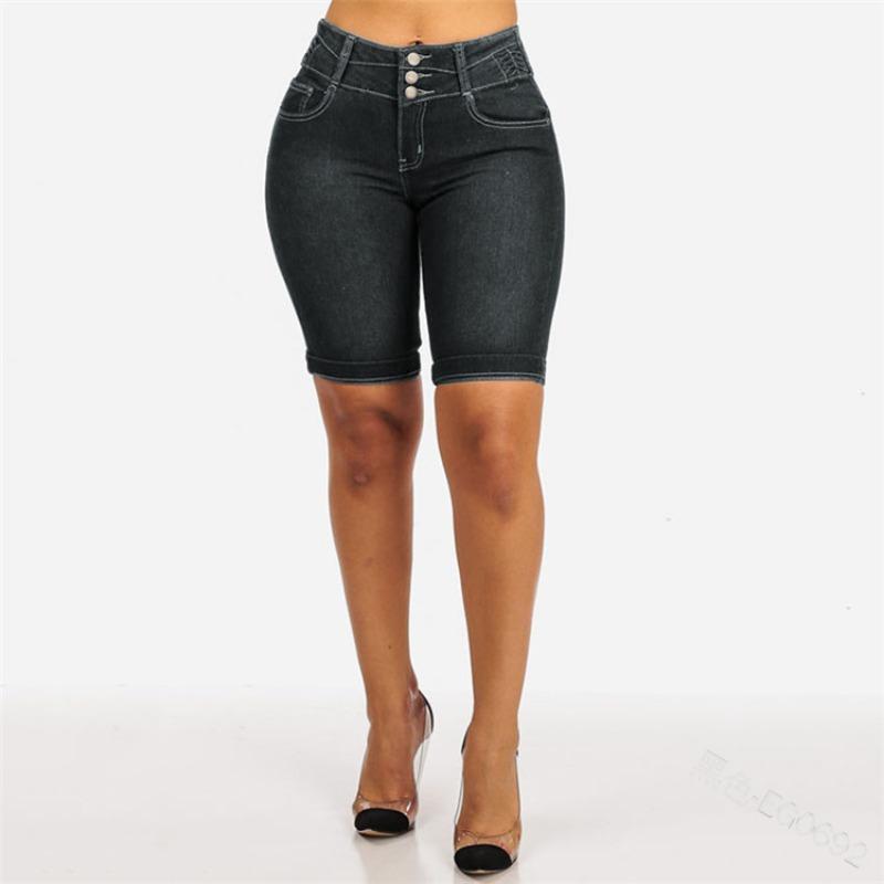 women s High Waist Triple Button Cuffed Hem Stretch Denim Biker Shorts S чёрный