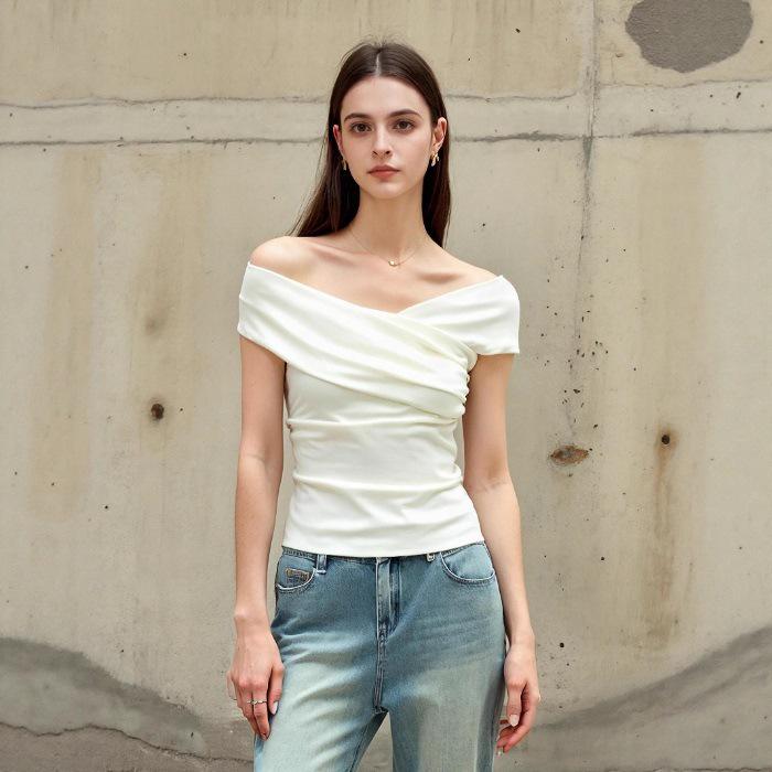 

Women s Off-Shoulder Slim Fit T-Shirt - French Design, Summer 2025 Large