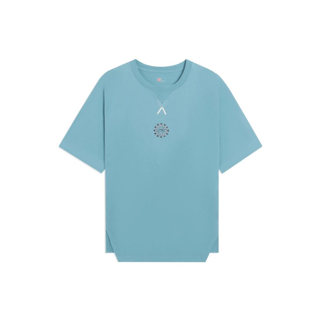 Li Ning Pattern Print Loose Short Sleeve T-Shirt Unisex Tops Sea-Blue AHSSB53-2