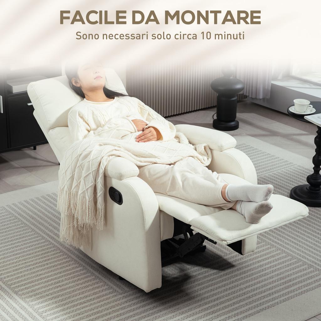 Manually Reclining Chair 60 Degree Extra Padded Fabric With Footrest Cream