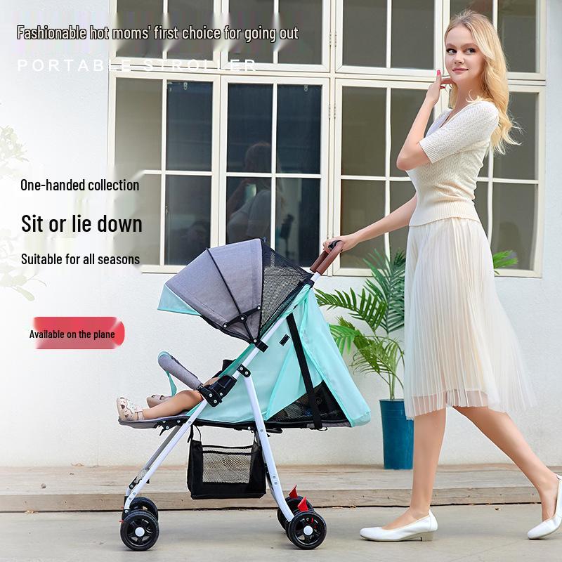 Lightweight Foldable Baby Stroller, Four-Wheeled, Convertible for Sitting or Lying, One-Button Fold Portable Design