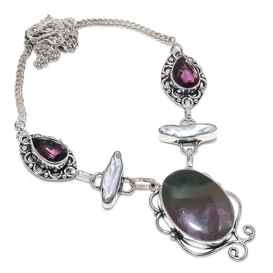Bloodstone, Pearl Gemstone 925 Sterling Silver Jewelry Necklace 18"