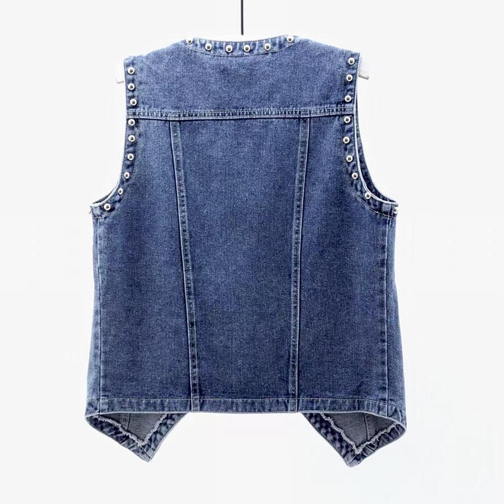 2023 Spring/Autumn Women's Beaded Denim Vest with Large Pockets - Korean Style Sleeveless Shrug Outerwear