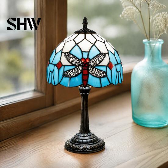 Vintage Dragonfly Bedside Lamp Tiffany Stained Glass Table Lamp, Blue Night Light, Artistic Home Decor Light Decorative Atmosphere for Bedroom Living