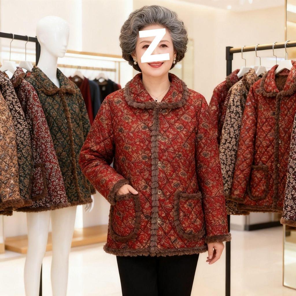 Jaqueta de Algodão Quente com Lapela Floral de Novo Estilo 2025 com Forro de Veludo para Mulheres de Meia-Idade e Idosas, Roupa Exterior Solta e Grossa para Outono e Inverno